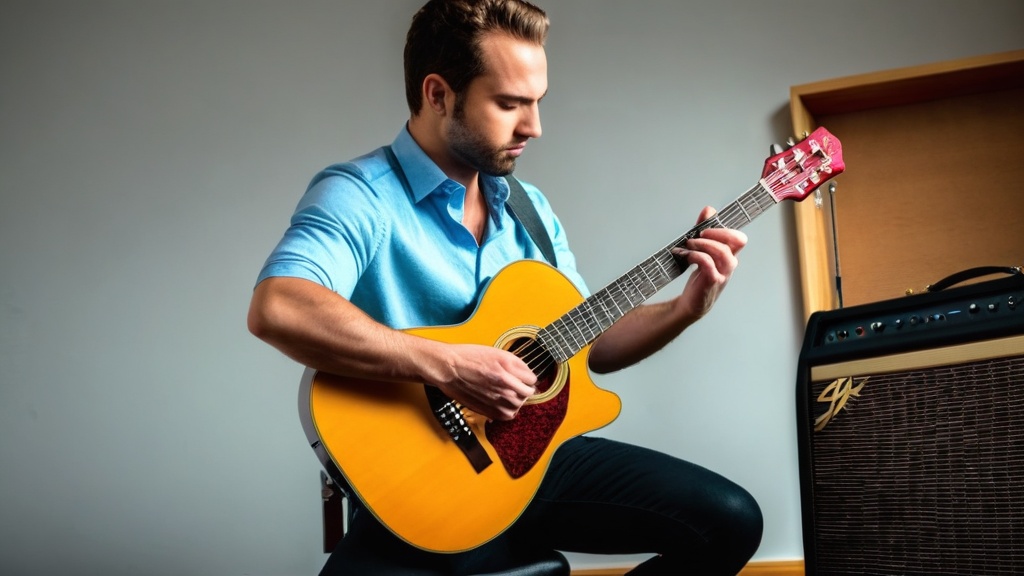 Man in blauw shirt speelt akoestische gitaar naast een versterker