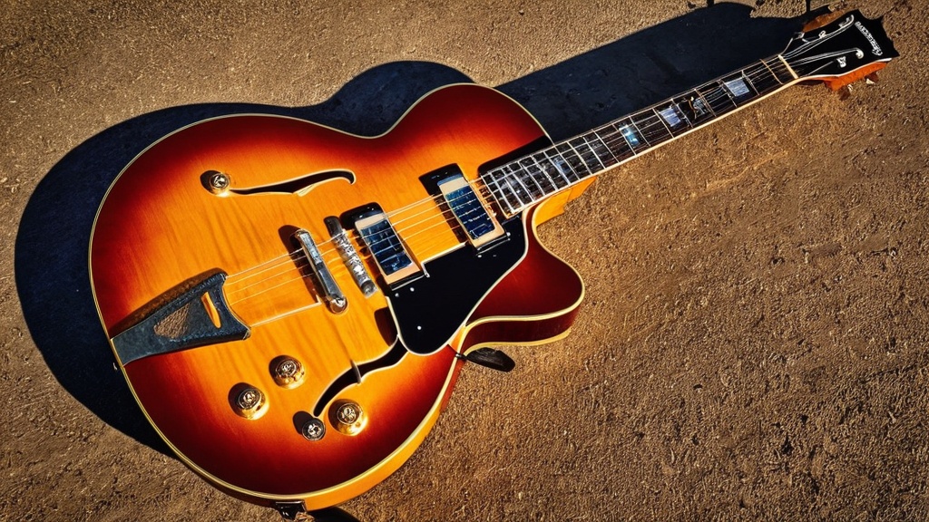 Semi-akoestische elektrische gitaar met sunburst-afwerking op een ruwe ondergrond