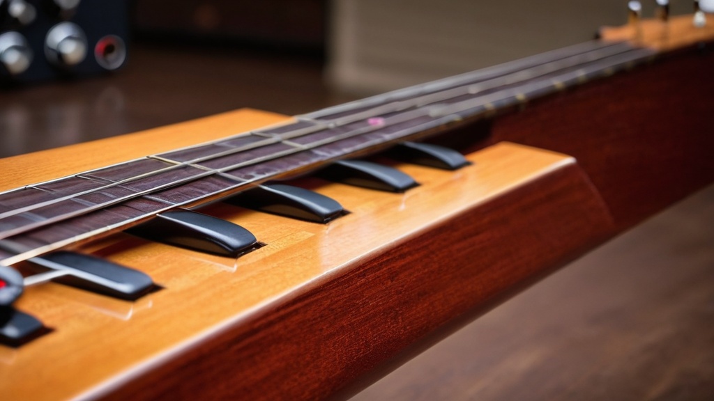 Close-up van hals en snaren van een houten snaarinstrument met zwarte hendels