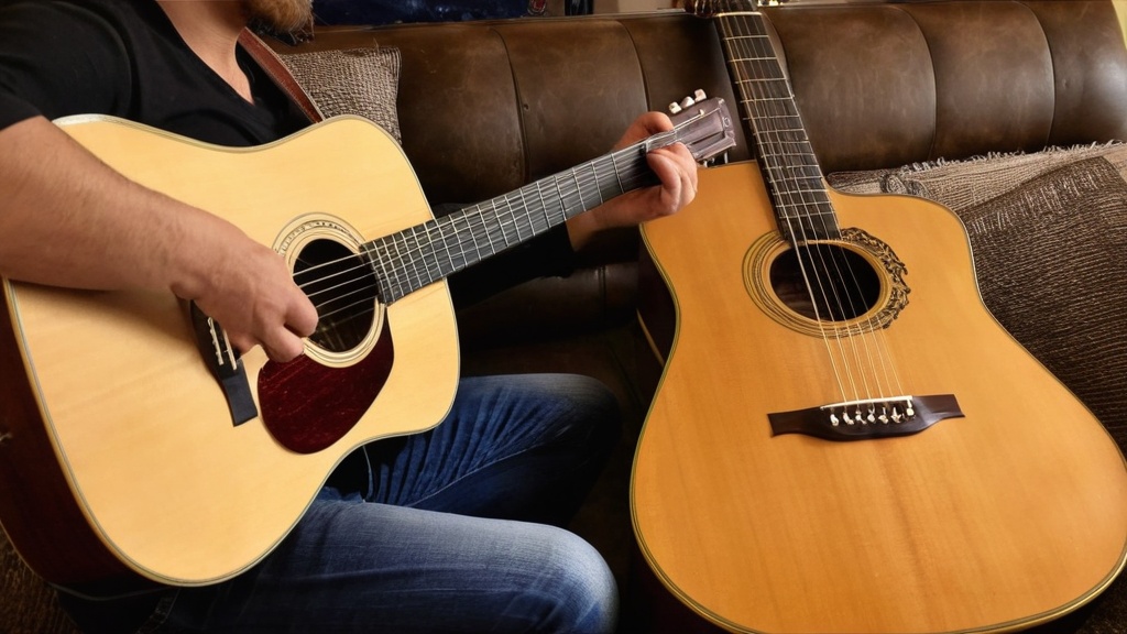 Twee handen op een akoestische gitaar tijdens het spelen