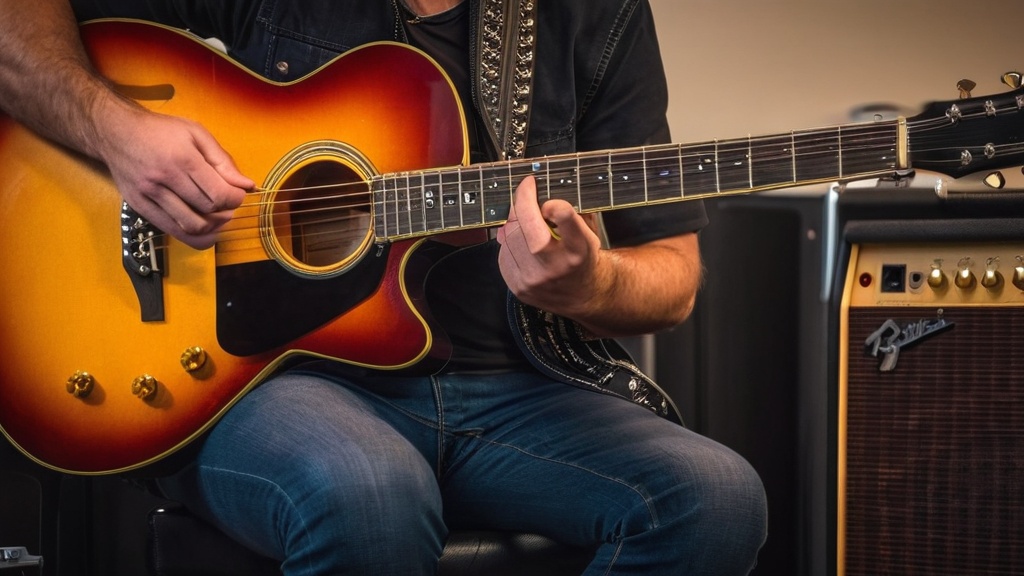 Handen spelen akkoorden op een akoestische gitaar naast een versterker