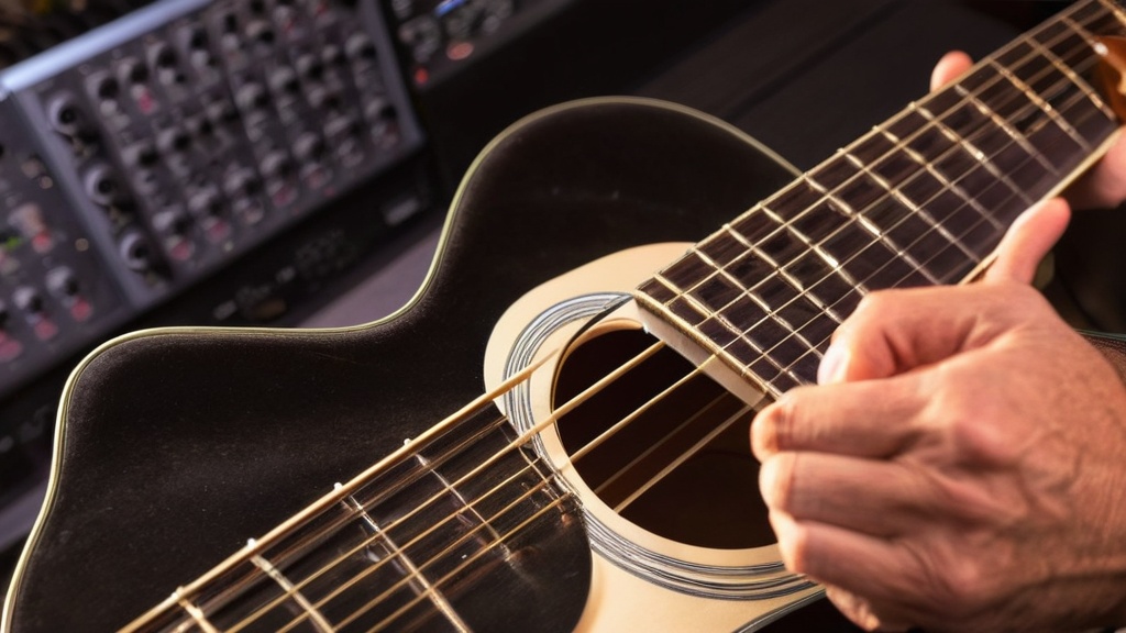 Close-up van een hand op de hals van een gitaar