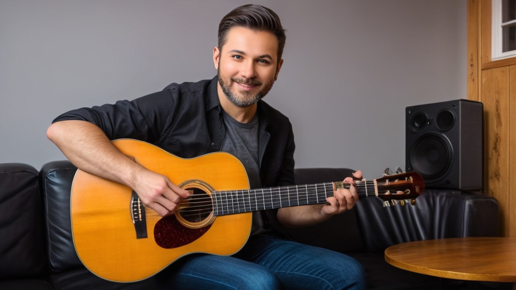 Lachende man met een akoestische gitaar in een thuisstudio
