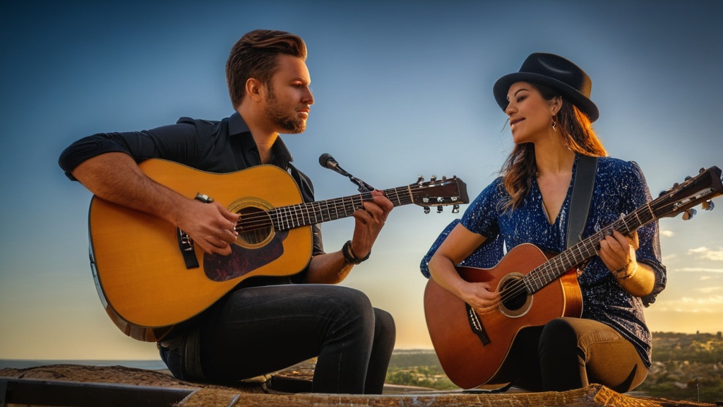Twee muzikanten spelen gitaar in zonsondergang.