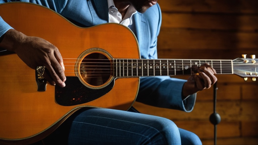 Close-up van handen op een akoestische gitaar