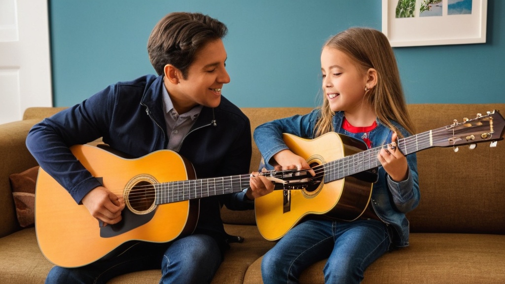 Vader en dochter spelen samen gitaar op de bank
