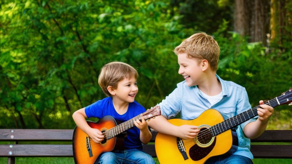 Twee jongens spelen akoestische gitaar buiten