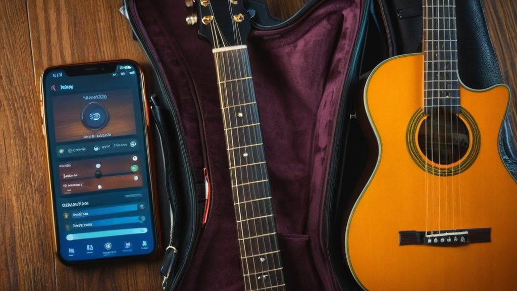 Smartphone met een muziekapp naast een akoestische gitaar