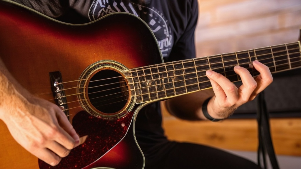 Close-up van handen die een akoestische gitaar bespelen