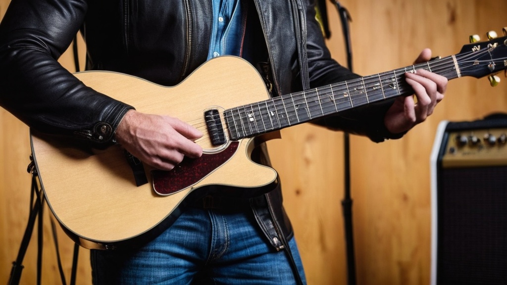 Man in een leren jas speelt akoestische gitaar