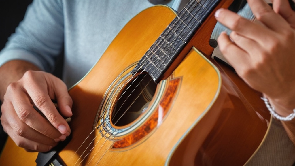 Close-up van handen bij de snaren en het klankgat van een akoestische gitaar