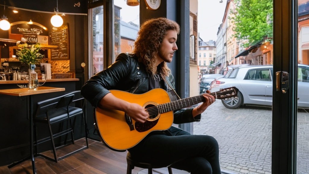 Vrouw speelt akoestische gitaar aan een tafel in een café