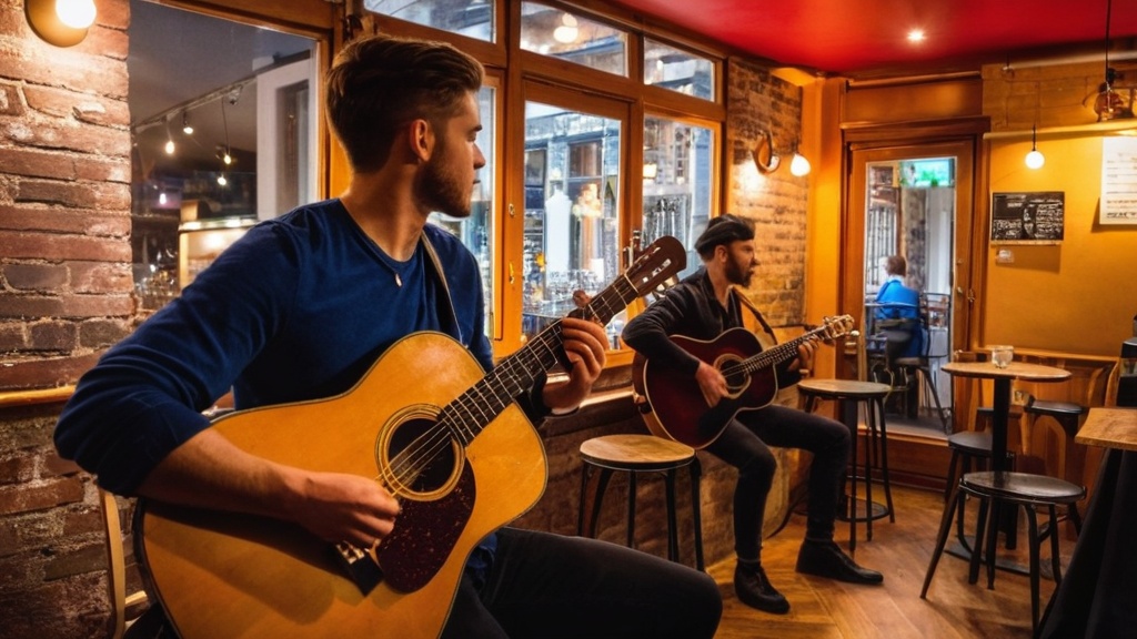Photo small cafe performance with guitar